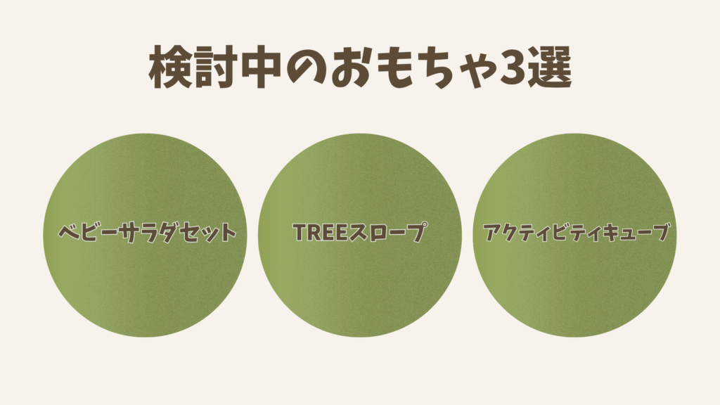 検討中のおもちゃ3選を示す図解
