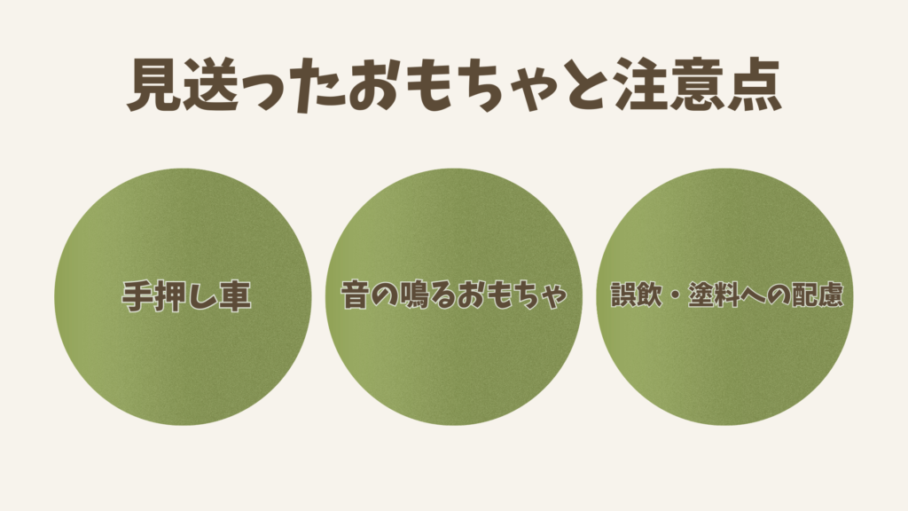 見送ったおもちゃと注意点を示す図解